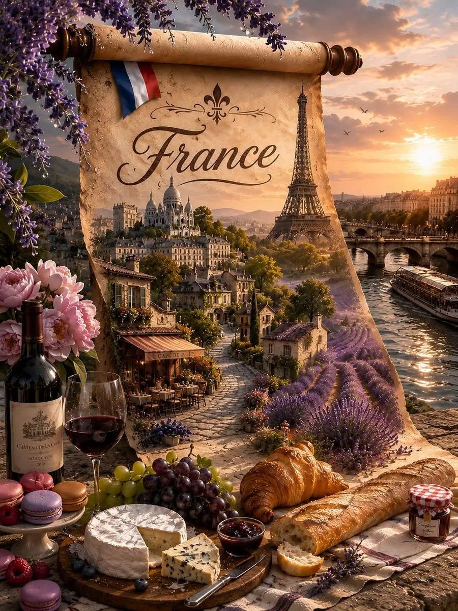 France Travel Poster with Scroll and Feast