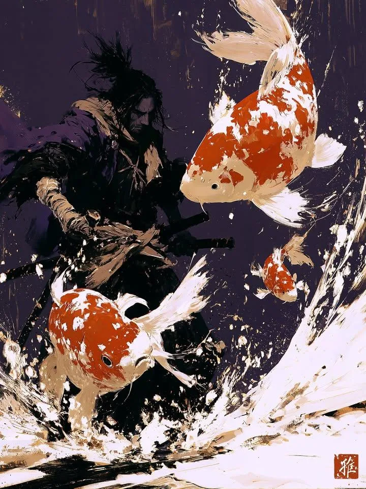 Samurai with Koi Fish in Ink Wash Style