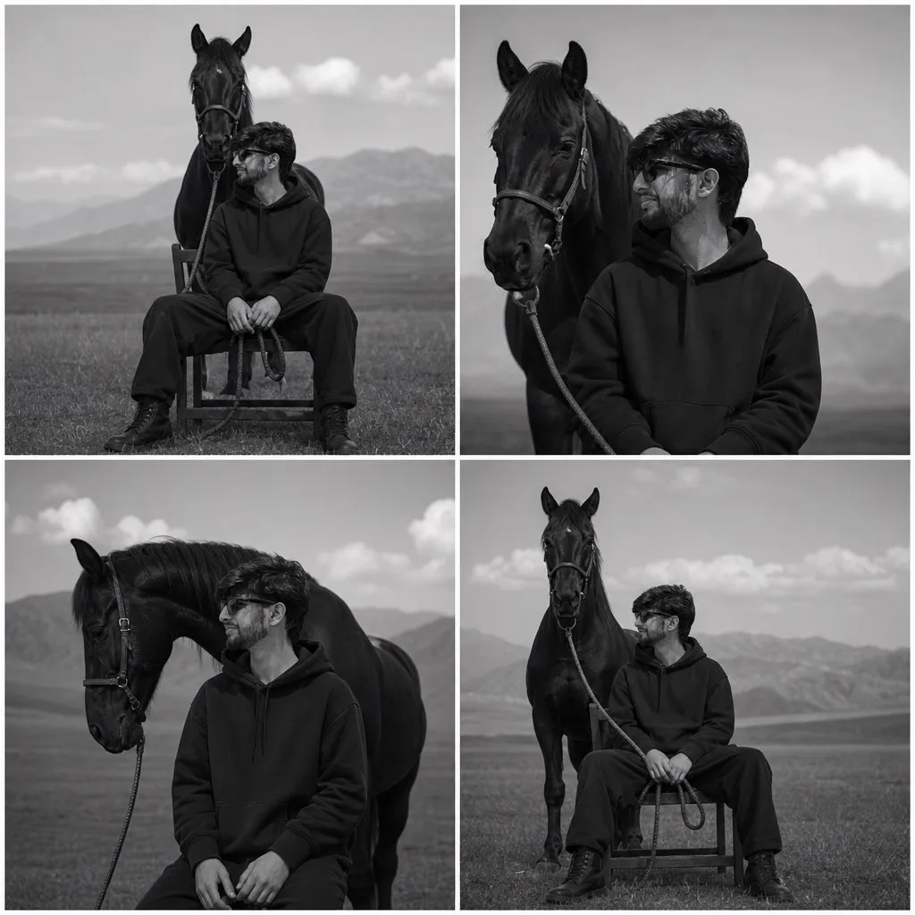 Editorial Portrait with Horse in Open Field