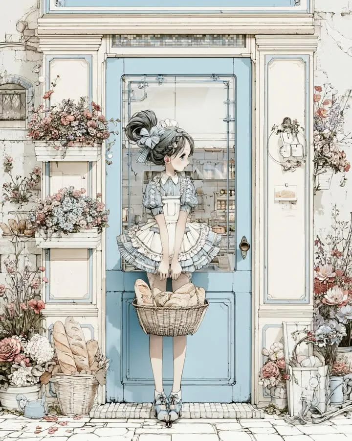 Vintage Bakery Girl with Bread Basket
