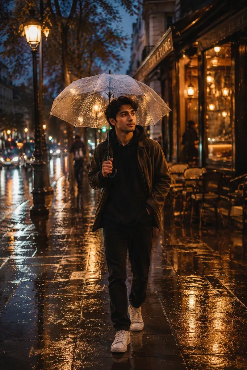 Rainy City Street Portrait at Blue Hour