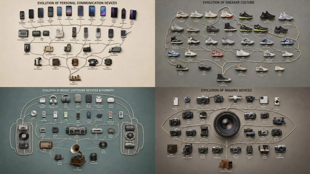 Evolution Trees: Devices, Sneakers, Music, Cameras