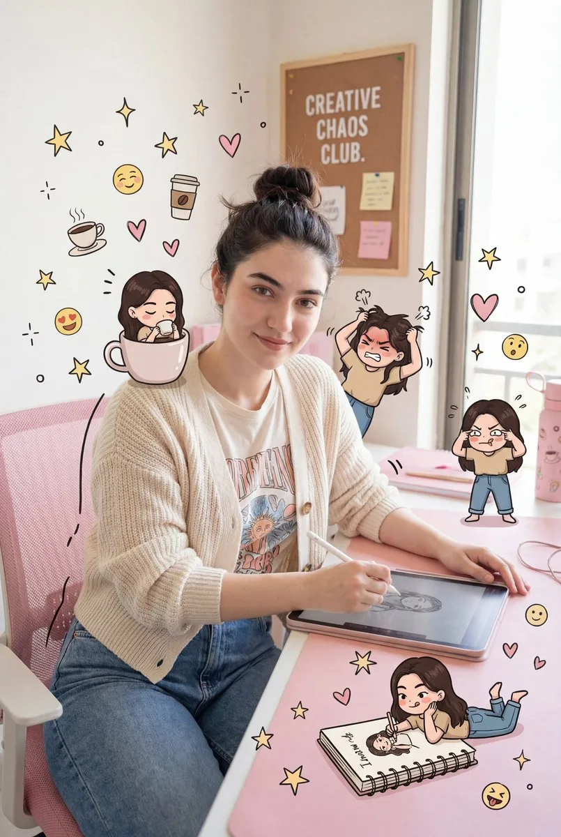 Cute Pink Office with Chibi Character Doodles