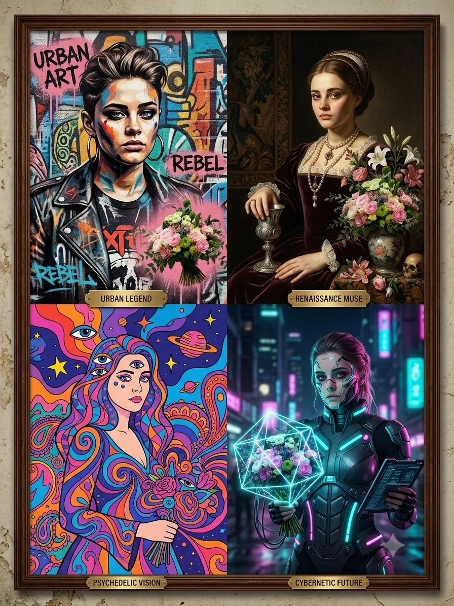 Four Artistic Visions in Wooden Frame