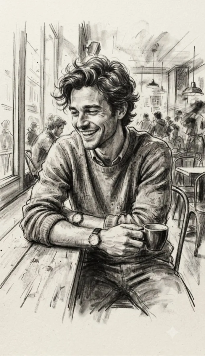Handsome Man in Cafe, Charcoal Sketch