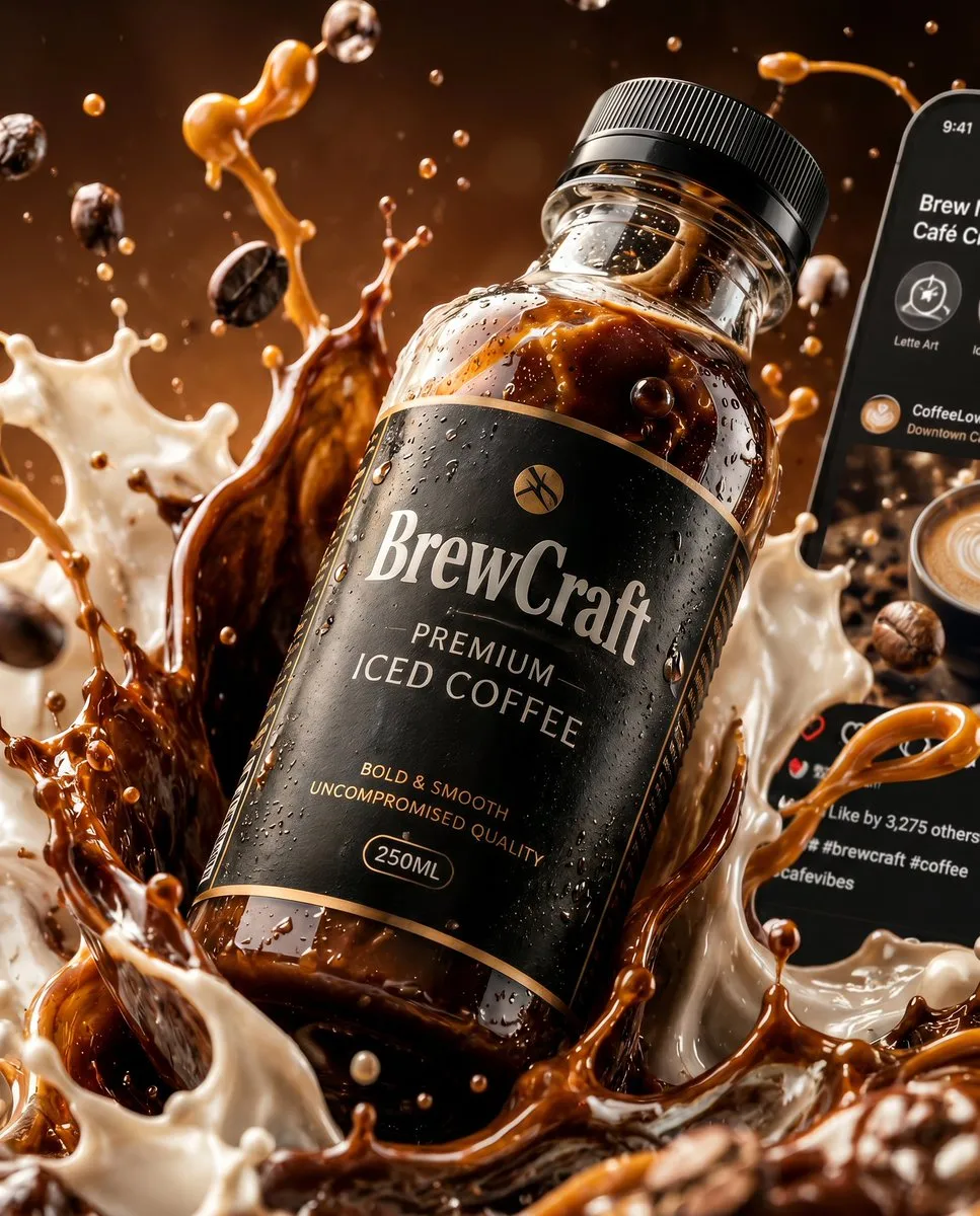 Premium Iced Coffee Bottle Splash Commercial