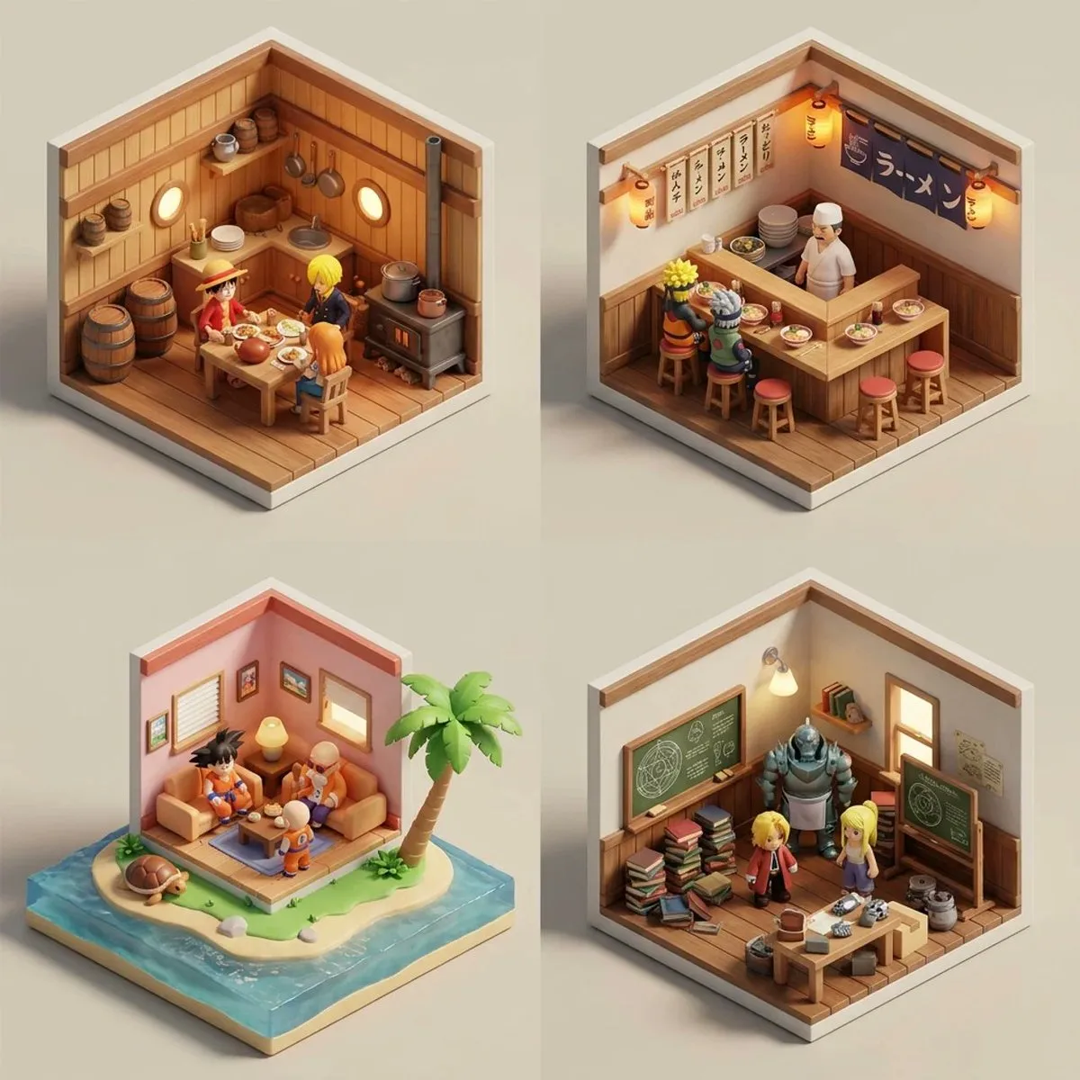 Manga Locations as Isometric Dioramas