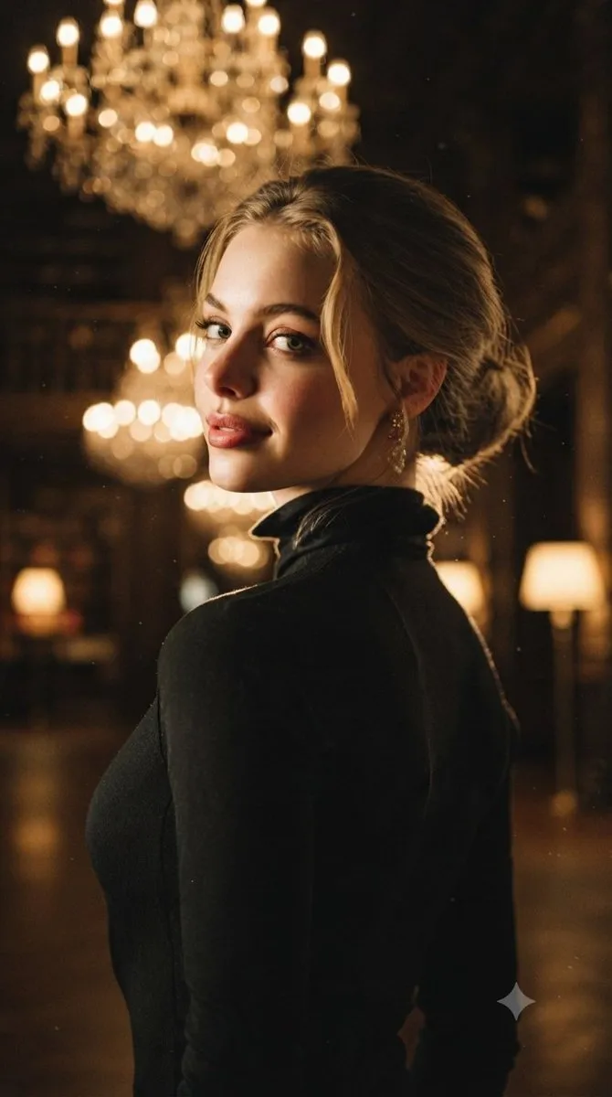 Elegant Portrait with Chandelier Glow