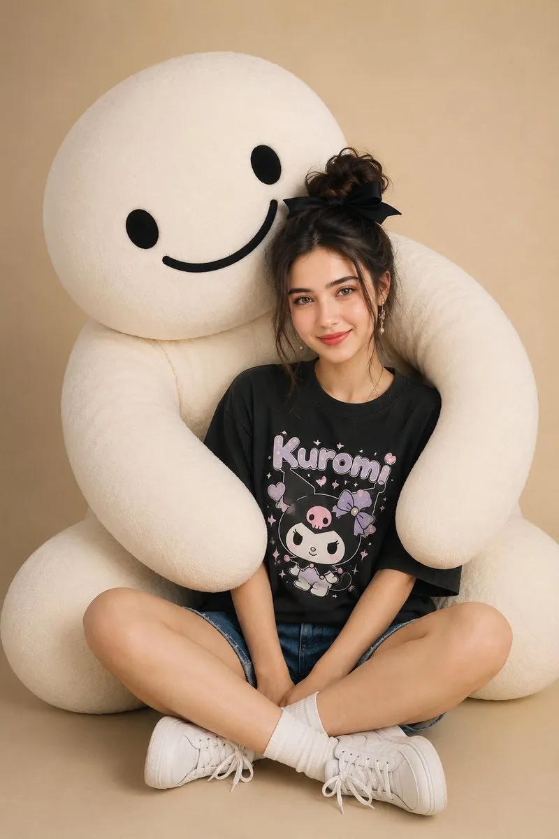 Studio Portrait with Plush Mascot Hug