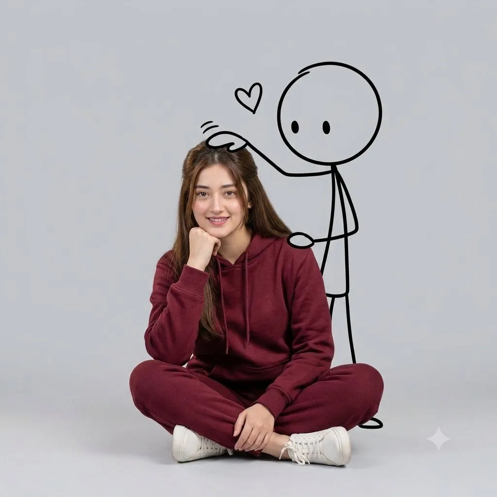 Young Woman with Stick Figure Friend