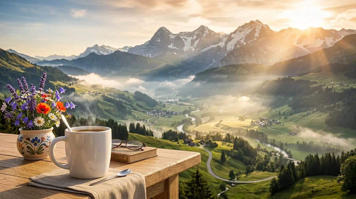 Golden Morning Mountain Vista with Coffee