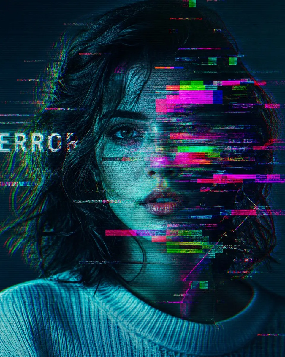 Glitch Art Portrait with Neon Error
