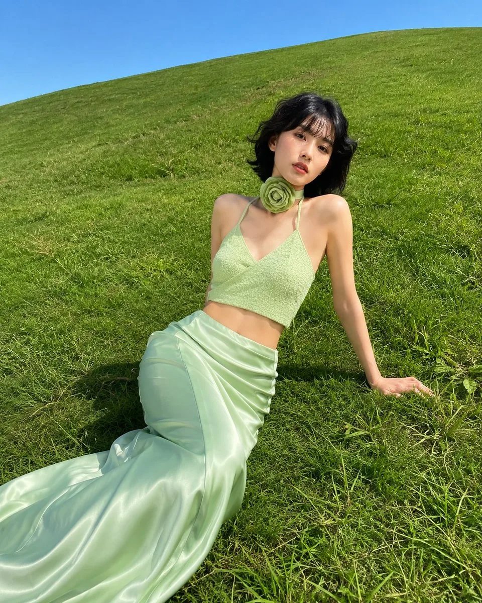Green Pastel Fashion Editorial on Hillside