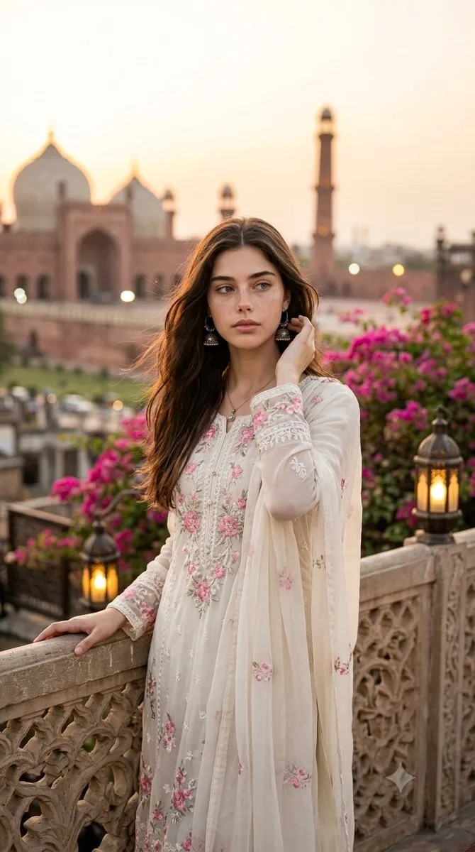 South Asian Woman on Historic Balcony at Sunset