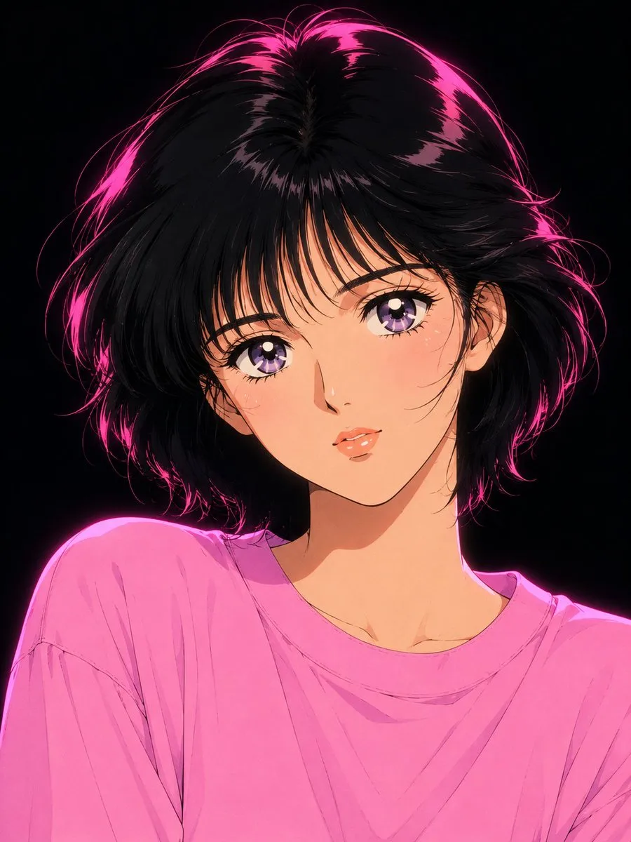Retro Shoujo Anime Portrait with Neon Rim Light