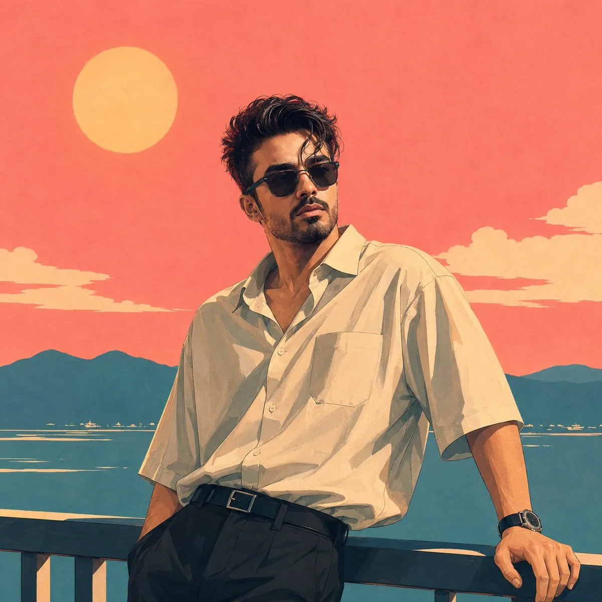 Anime Editorial Portrait: Waterfront Sunset