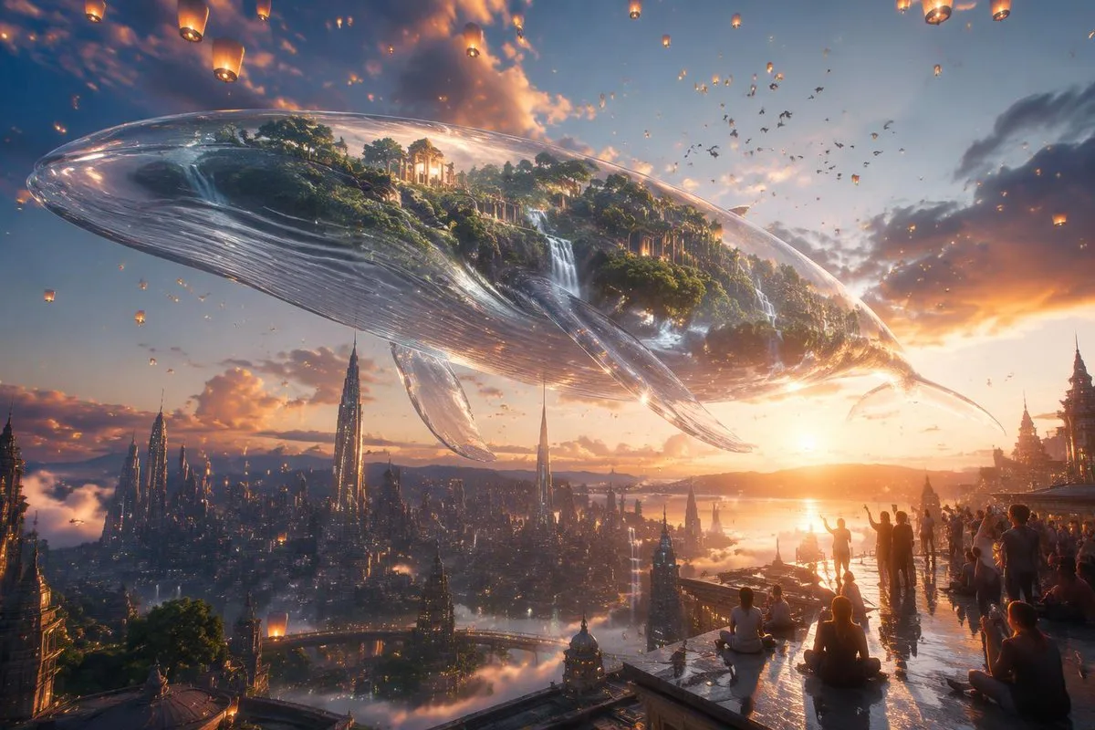 Crystal Sky Whale Above Futuristic City