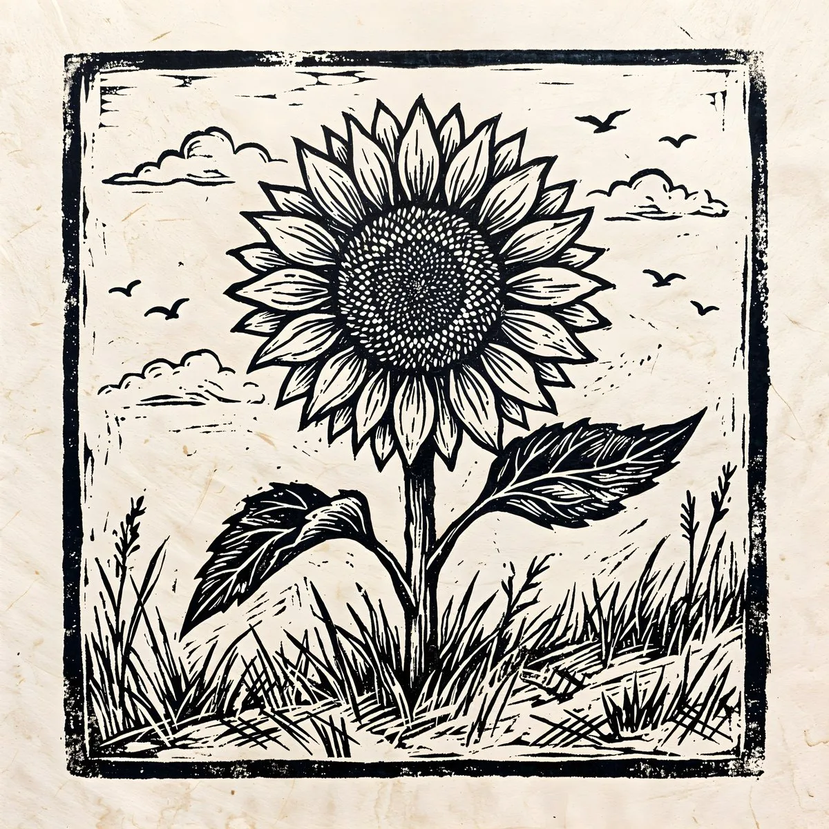 Black and White Linocut Sunflower