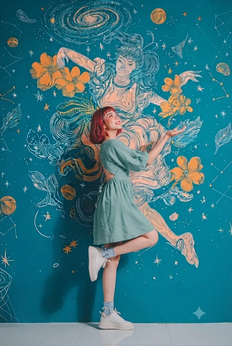 Cosmic studio portraits with mural backdrop
