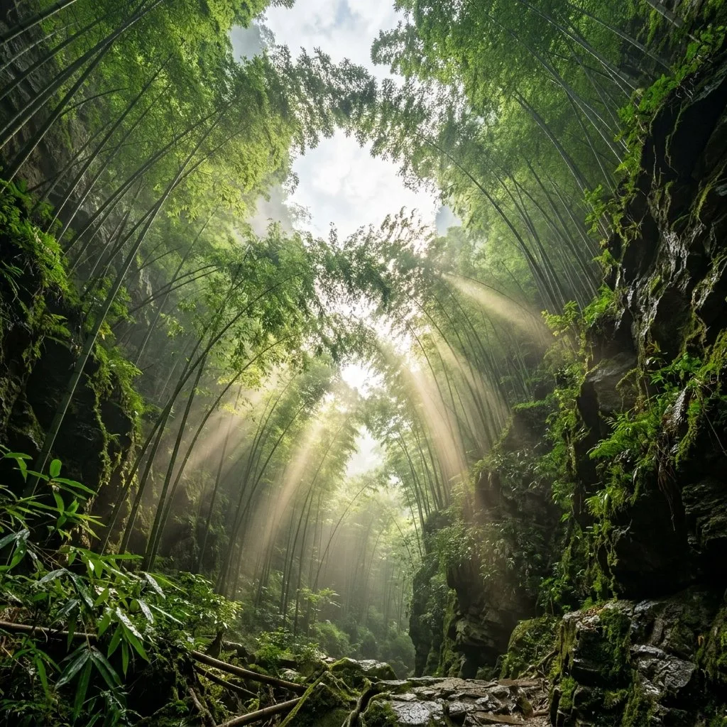 Upward Canyon Shot Through Bamboo Canopy