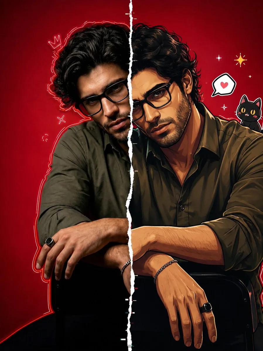 Split-Style Portrait: Realistic & Cartoon Fusion