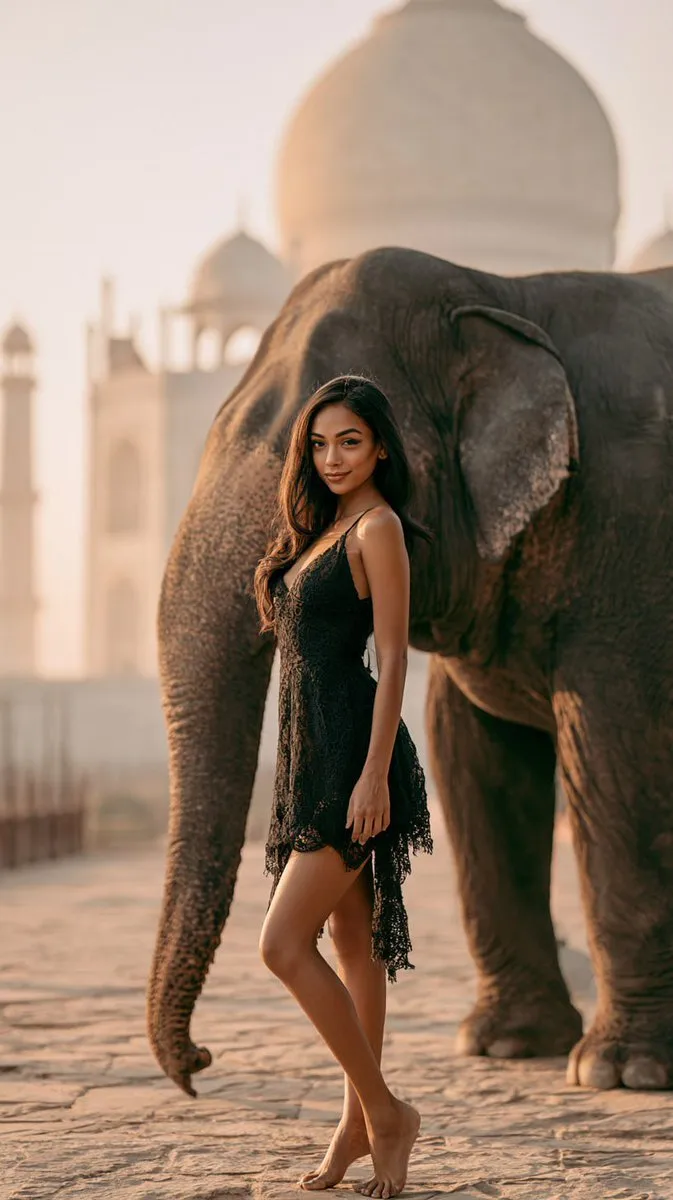 Model with Elephant at Taj Mahal