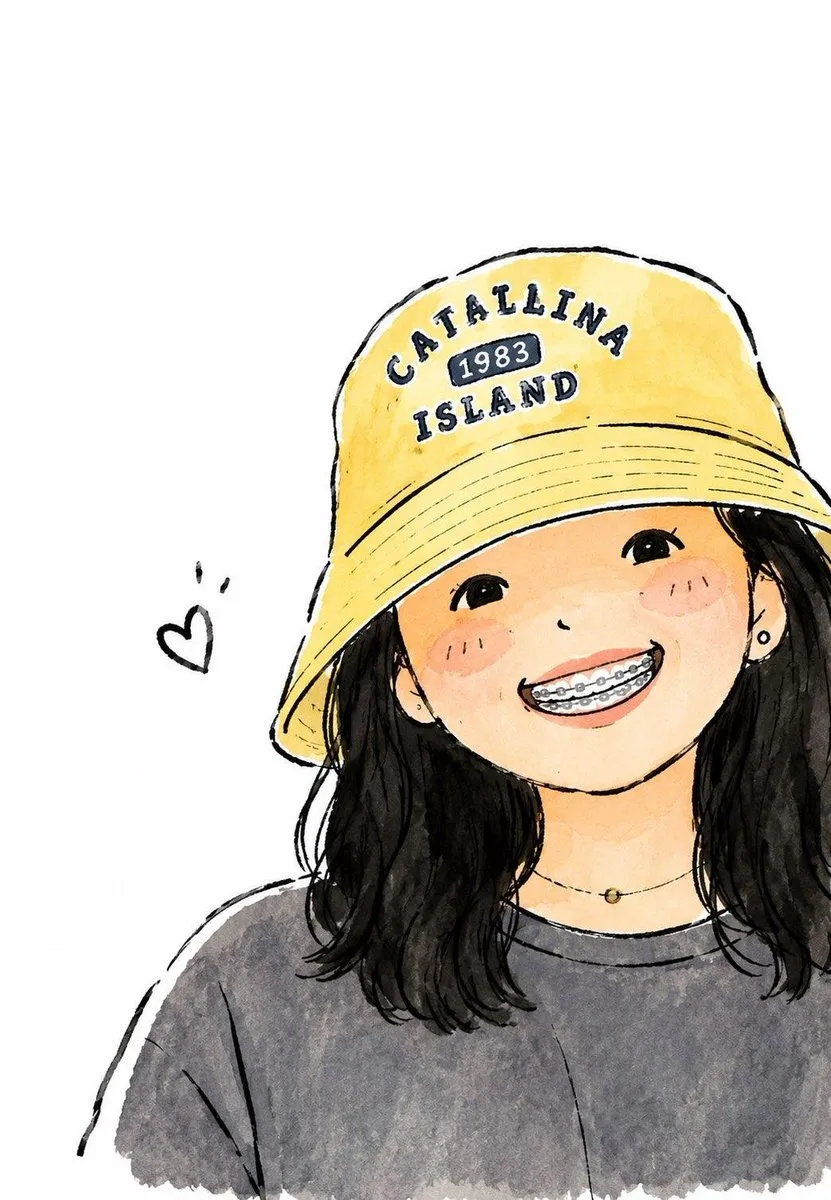 Watercolor anime girl with yellow bucket hat