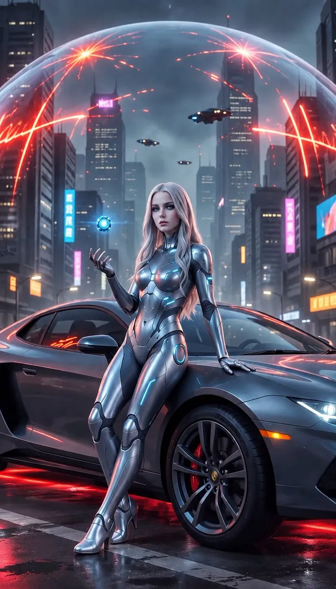 Cyberpunk Cyborg Under Energy Dome