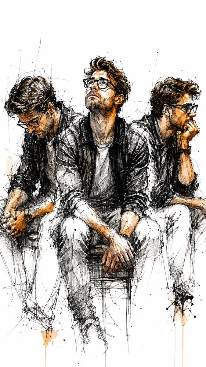 Three Men in Ink and Watercolor