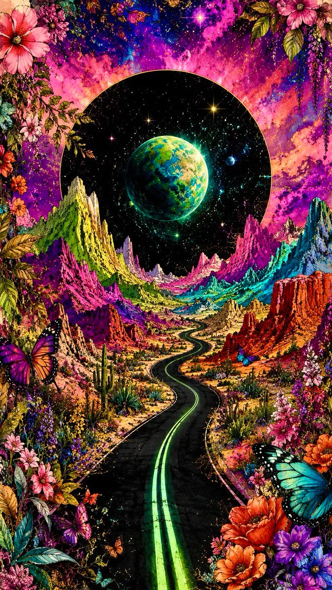 Cosmic Highway Through Floral Mountains