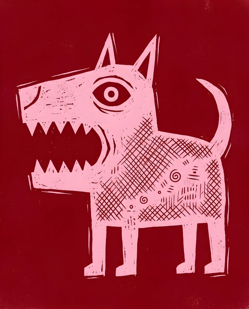 Primitive Pink Dog Woodcut