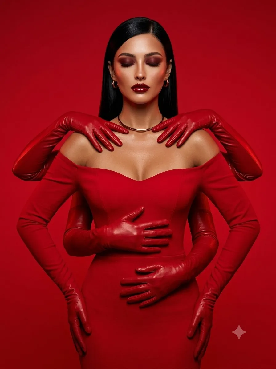 Crimson Multi-Armed Fashion Portrait