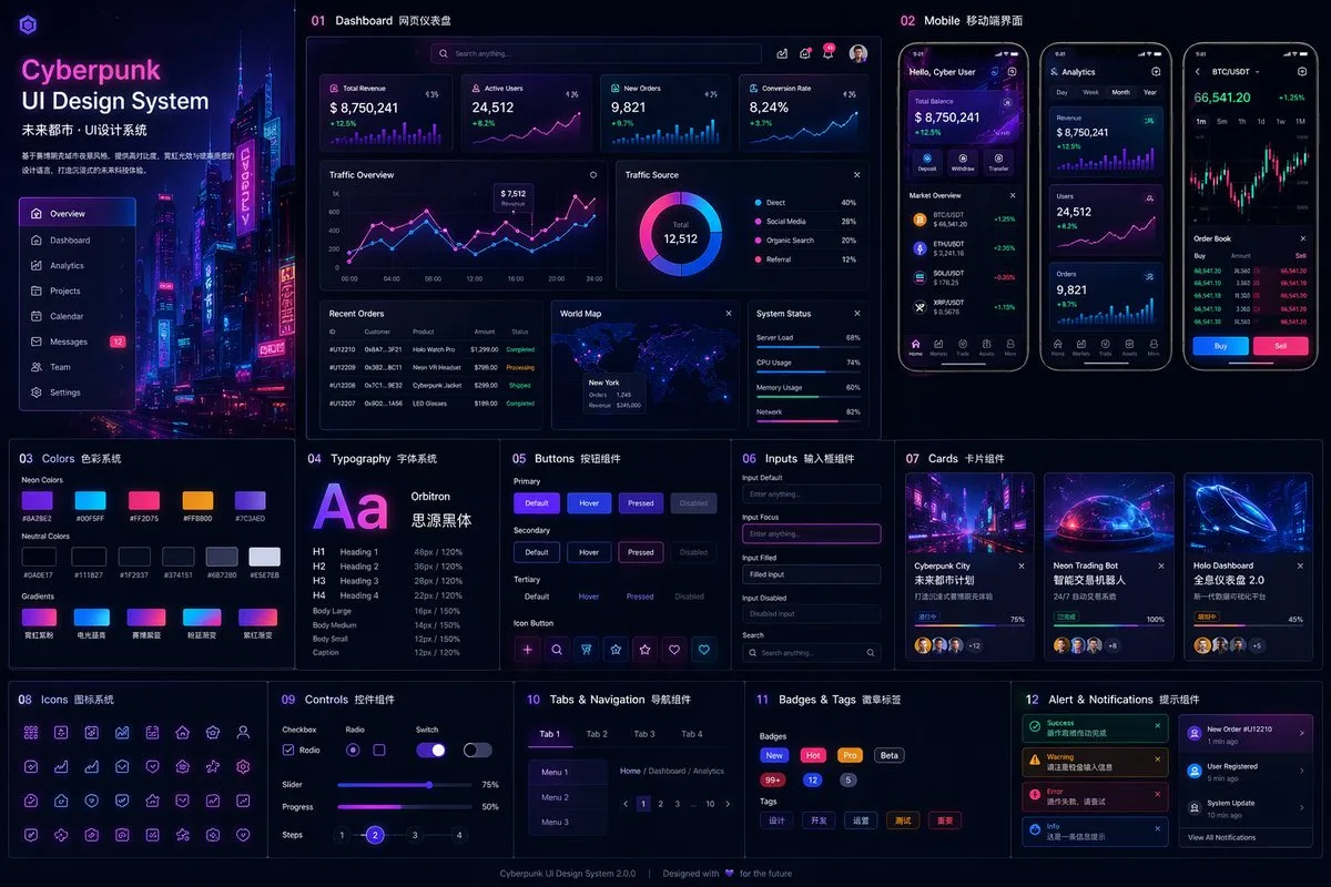 Cyberpunk UI Design System Dashboard